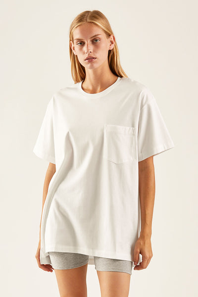 Unisex James Relaxed Short Sleeve T-shirt with left side front pocket in White. 